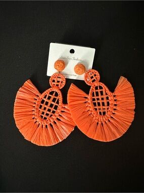 Orange Raffia Fan Drop Earrings